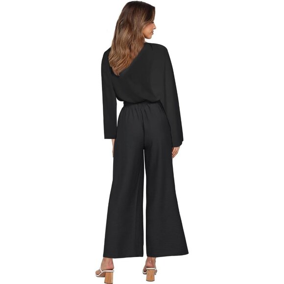 Women's 2 Piece Set Crop Pants V Neck Tops High Waisted Paper Bag Pants Casual - Picture 4 of 6